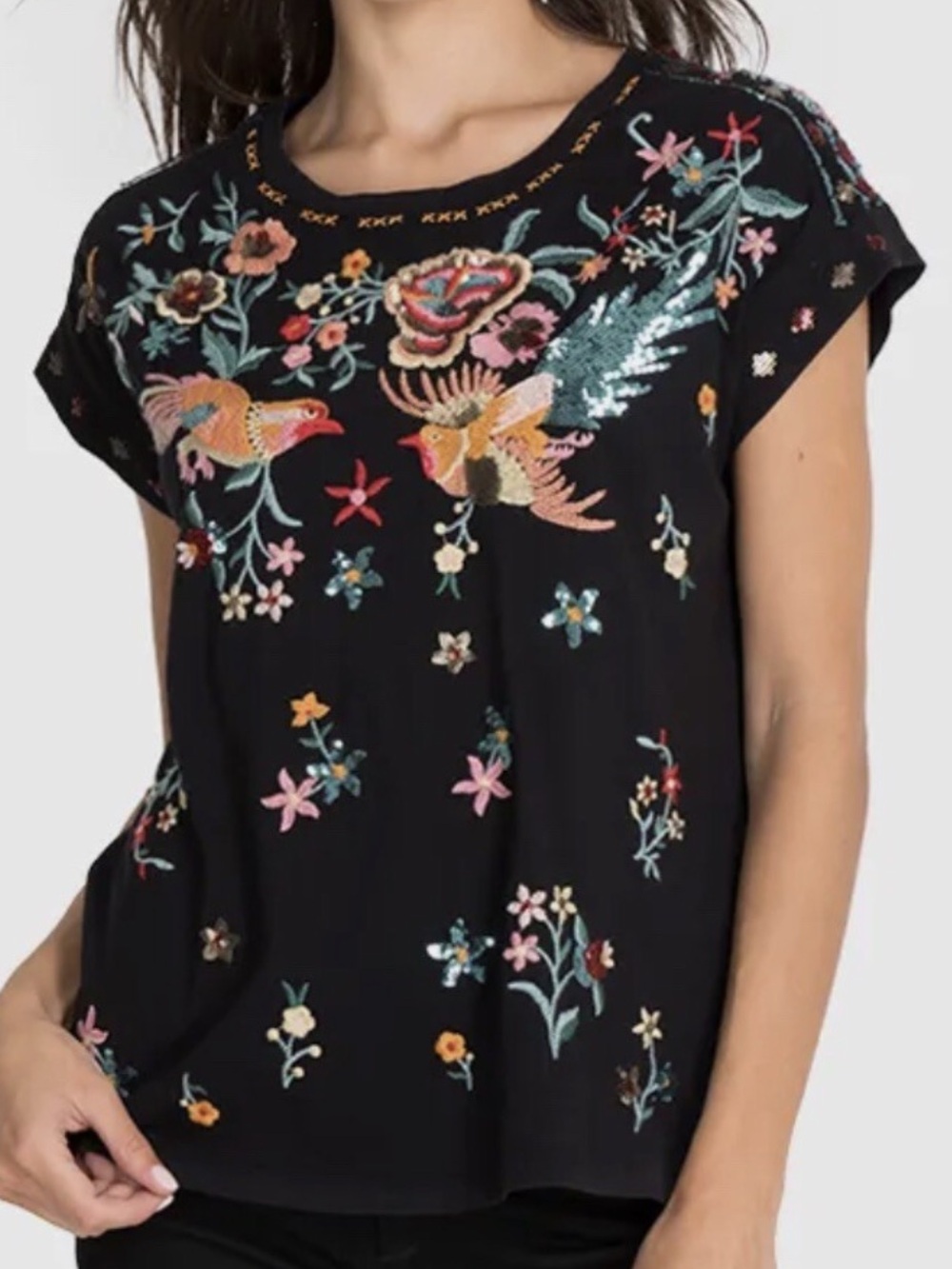 Johnny Was Los Angeles Embroidered Sequin Bird Black Boho Cotton Tee Sz XXS